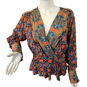 Free People Boho Floral Paisley Wrap Blouse Top Womens M Blue Red Peplum V-Neck